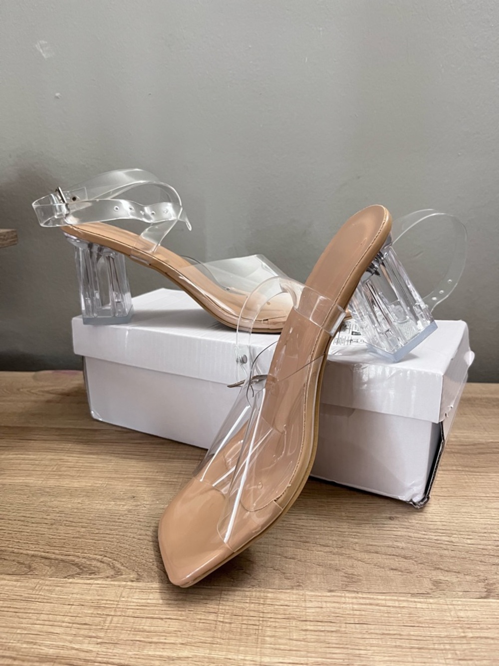 Clear Strap Nude Block Heel Sandals for Women